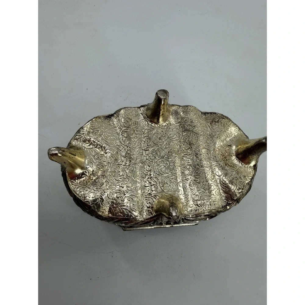 Jewelry Trinket Box Silver Plate Ornate Footed Floral Greek Key Vintage